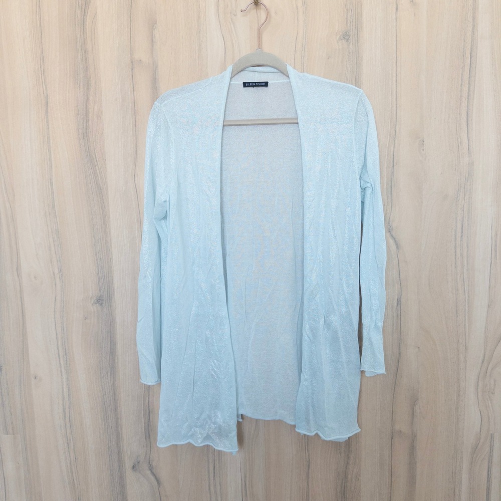 Eileen Fisher Womens Cardigan S Light Blue Metallic Open Front Shimmer Classic